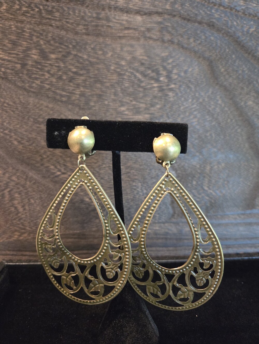 Gold Tone Filigree Teardrop Dangle Clip Earrings